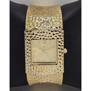 Women's Charming Charlie Square Gold Dial Gold Hammered Cuff Bracelet Watch 04
